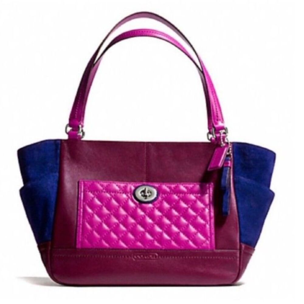 Coach F24693 Park Colorblock Pink Quilted Wine Leather Blue Suede Carrie Tote